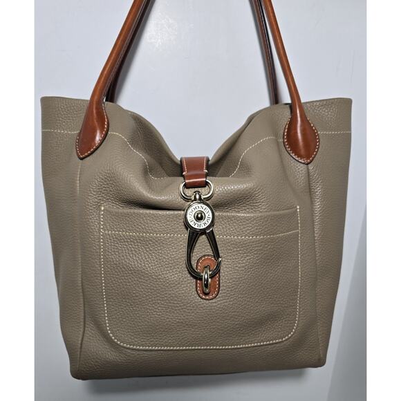 Dooney and Bourke Pebble Grain Logo Lock Tote Shoulder Purse Bag Taupe/Elephant - Picture 1 of 15